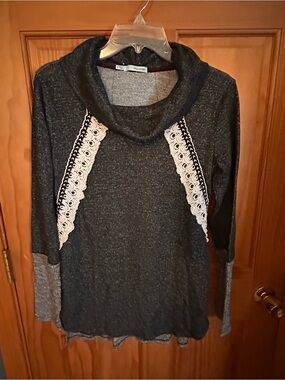 Maurices Charcoal Cowl Neck Sweater with Cream Lace Insets